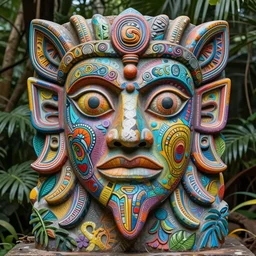 a sculpture of mythical totem, made of colorful style graffiti, intricate line work, beautiful symmetrical face emerging from jungle, in the style of alex grey, visionary artist, shamanic art, concept art, award winning acrylic painting, ambient occlusion, digital art,