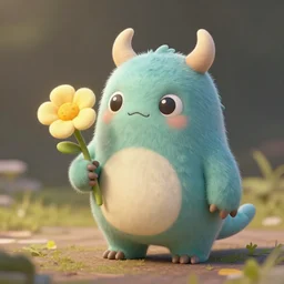 small cute monster holding flower, concept art, detailed