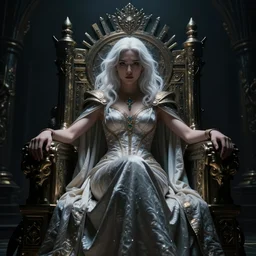 a photorealistic dramatic fantasy render of a strong fierce beautiful young asian queen with white medium length hair, sitting on her throne, mother of mankind, ruler of the universe, future year 3 0 0 0, princess, by wlop, artgerm, greg rutkowski, alphonse mucha, beautiful dynamic dramatic dark moody lighting, shadows, cinematic atmosphere, artstation, concept design art, octane render, 8 k