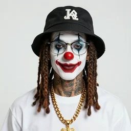 spawn clown with dreads and tattoos wearing glasses and gold chain and bucket hat, Trending on Artstation HQ