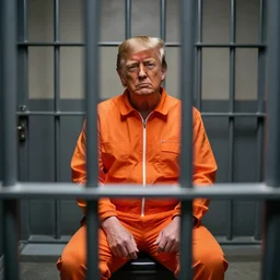 portrait photo of donald trump sitting in a jail cell wearing an orange jumpsuit defocused bars in the foreground, studio lighting, key light, 8 k, 8 5 mm f 1. 8