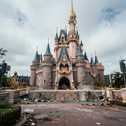 cinematic shot of the outside of the Disney world park, shut down, abandoned, Florida, out of business, castle is falling apart and rusted, got shut down, kids place, liminal spaces, backrooms, empty, overgrown, Disney world, Disney land, theme park, roller coasters, Disney, old and dirty, water damage, garbage