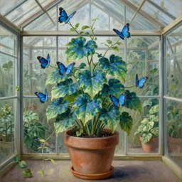 surreal blue - green butterflyplant, blue butterflies butterflies vines butterflies growing!!! on vines from the plant, in the vintage pot, herbology, glass greenhouse, matte painting, highly detailed, masterpiece, oil on canvas, rutkowsky, wlop, artgerm, levitan, rembrandt, botanical illustration