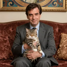 “ george costanza holding grumpy cat, sitting on velvet couch, realistic, very detailed, by alphonse mucha ”