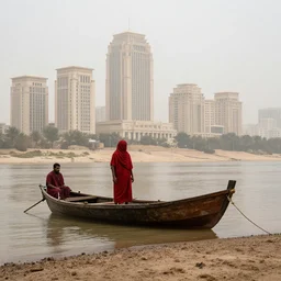 a man in red drapery in a blood barque on a river next to a neoclassical skyscraper city in the desert, leica sl 2 5 0 mm, heavy grain, high quality, high detail, foggy, mud