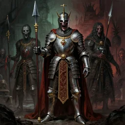 cinematic colorful horror artwork by jean delville, beksinski, bernie wrightson, weta workshop concept art ; ancient knight wearing royal ornamented armor, wielding royal halberd, full body concept, haunting, brutal scary terrifying, 8 k hdr, creepy intricate ; dramatic lighting, insanely detailed