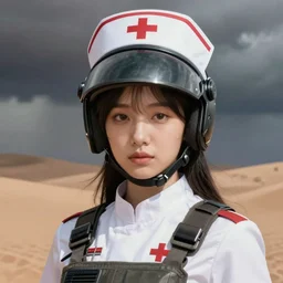 portrait of whitepunk blackpink jisoo nurse soldier girl, helmet, stormy sand desert, armored, highly detailed, digital painting, face detail, sharp focus, art, illustrations by loish and ayanamikodon and irakli nadar and rossdraws and wlop