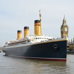 RMS titanic, sailing on the river Thames, past Big Ben