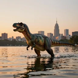 a dinosaur swimming in lake barbies city, sunset lighting, rim light, hyper realistic, 1 0 5 mm, cinematic frame