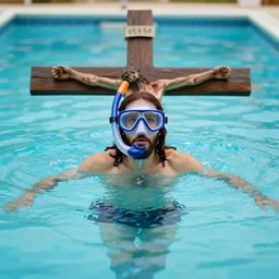 jesus on his cross with a mask and snorkel swimming in a pool with water up to his waist