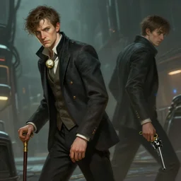 reginald hargreeves with a cane and a revolver, wearing a pocket watch, cyber punk setting, time travel deep focus, turnaround, fantasy, intricate, elegant, highly detailed, digital painting, artstation, concept art, matte, sharp focus, illustration, art by artgerm and greg rutkowski