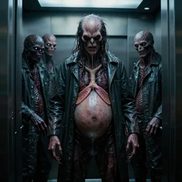 in the dark elevator, one wet skin creature with glowing eyes, crawling humanoid monsters, smile face, octane rendering, cinematic light. medium shot, 2 4 mm, david fincher, james wan, gritty, moody, eerie, dark artslabcoats, sci - fi equipment, saliva, membrane pregnancy sac, respiratory flap, super realism, claws