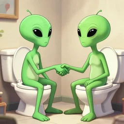A photograph of Two Aliens sitting on the toilet while shaking hands over a peace treaty