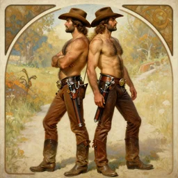 a homoerotic painting, greg rutkowski, alphonse mucha j. c. leyendecker of two attractive hairy cowboy gunslingers in love standing back to back | bandoliers, shirtless, leather clothing | natural lighting, path traced, highly detailed, high quality, digital painting, by tom of finland, trending on artstation