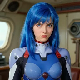 intense demeanor. close portrait. ship interior bg. screenshot of a scene in metroid zero of pretty beautiful woman painted by norman rockwell. character designed by hideaki anno. bodysuit. lustrous blue hair. digital. lighting by james gurney. trending on artstation. masterpiece. artgerm mucha rutkowski.