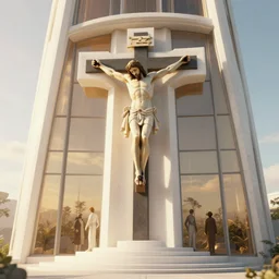 monolithic monument depicting the crucification of christ, by tim blandin and arthur haas and bruce pennington and john schoenherr, big windows architecture by zaha hadid, octane render, warm colour scheme, white, cinematic, scenery, cgsociety, modernism, futuristic, trending on artstation, sci - fi, high detail, high quality, close up angle
