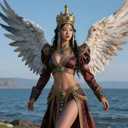 beautiful 3 d render of an asian mongolian princess goddess with angelic wings in a sensual pose, princess wearing a crown with gemstones, near lake baikal, atmospheric lighting, painted, intricate, volumetric lighting, beautiful, rich deep colours masterpiece, sharp focus, ultra detailed, in the style of dan mumford and marc simonetti, astrophotography