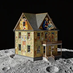 a house on the moon,ULTRAREALISM, by hajime sorayama, Alexandre Cabanel, norman rockwell, peter paul rubens, maler collier, frank frazetta, alphonse mucha, gustav klimt 4k, unreal 5, DAZ, french noveau, trending on artstation, octane render,