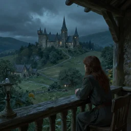 Rivendell, looking out from the balcony, evening, detailed matte painting, cinematic, Alan Lee, Artstation