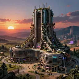a beautiful detailed highly detailed unfinished building architecture building urbex mall by odile decq, sci - fi universe atlantis sunset san andreas darkacademia cgsociety forest cyberpunk retrowave assassin's creed matte painting at night meadow desert, archdaily, wallpaper, highly detailed, trending on artstation.