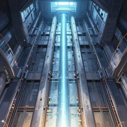 detailed interior of a gigantic technologically advanced elevator shaft, anime key visual