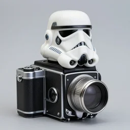 photograph of a Stormtrooper inspired medium format TLR camera!!! . very detailed. plain background. 8K . still life photo. elegant vintage design.