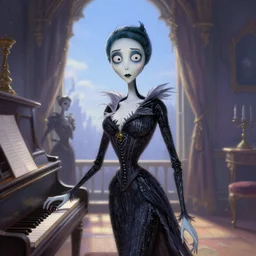 elegant mysterious gracious undead victoria everglot from the corpse bride, portrait, illustration, the land of the death, piano in victorian front hall scene, rim light, top light, summer clear blue sky, perfectly shaded, soft painting, art by krenz cushart and wenjun lin