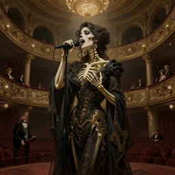 melancholic vibe, skeleton female opera singer, singing at a opera house, historical, intricate, highly detailed, dynamic lighting, digital art, digital painting, artstation, wlop, sharp focus, illustration, art by artgerm and greg rutkowski and alphonse mucha