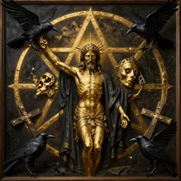 dante's inferno painting, illuminati symbol, crows, skeletons, crosses, jesus, dark beauty, rotten gold, perfect faces, extremely detailed, cinema 4 d, unreal engine.