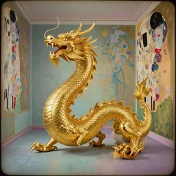 golden dragon in a room, daguerreotype by edward hopper, by henri rousseau, by Bosch, by Klimt, art noveau, highly detailed, strong lights, liminal, eerie, Bright pastel colors, octane render, 8k