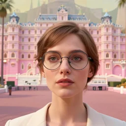 cinematic mid shot of a high detail, woman's face looking off camera, with round glasses. fine facial features. she stands in an empty, pastel colourful 3 d, vegas street scene by jeffrey smart and gregory crewdson and edward hopper, inspired by the grand budapest hotel, lots of pastel colour