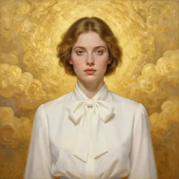 epic painting portrait photography beautiful goddess wearing white elegant bow tie women shirt with golden glow background, drawing, intricate, symmetrical front, by amy leibowitz, wlop, jeremy lipkin, beeple, intricate, artgerm, ilya kuvshinov, golden clouds background, centered