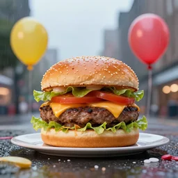 🍔🎈✨🎉🎊🎑, 8k, high detail, high resolution, rainy