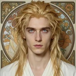 portrait of 4 0 - year - old man with dirty blonde hair down to his waist, pale eyebrows and protuberant silver eyes, wearing a simple white robe, hyper realistic face, beautiful eyes, fantasy art, in the style of greg rutkowski, intricate, alphonse mucha, hyper detailed, smooth