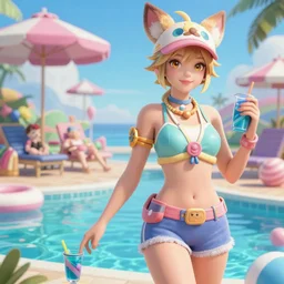 Character sheet of gorgeous pool party ahri (League of Legends). 3d octane render trending on artstation