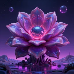 humongous technologic flower on a neon planet, spooky, retrowave, art by karl marx, smooth, beautiful art, masterpiece, artistic landscape, cinematic, wet reflections, ray tracing x, rtx, smooth