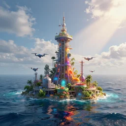a insanely realistic bioremediation plant in the middle of the ocean, tower with drones, reflexions, colorfull, octane render, unreal engine, redshift, hdr, volumetric light, clouds, sunrays, trending on artstation, insanely detailed, masterpiece