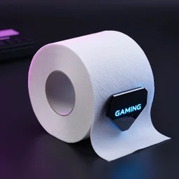 gaming toilet paper, neon, sleek, RGB lights, product photography