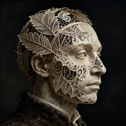 a man's face in profile, made of intricate decorative lace leaf skeleton, in the style of the dutch masters and gregory crewdson, dark and moody, depth of field