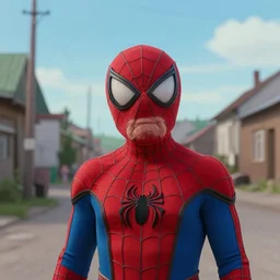 street photograph of a real communist granny spiderman in rural russia, cinematic shot, ultrawide shot, closeup, red blue, by pixar