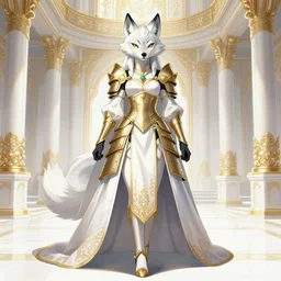 commissioned full body furry portrait of a female anthro wolf-headed princess fursona with white hair wearing a white and gold chinese armored dress in a white and gold palace, by a professional manga illustrator, Stanley Artgerm Lau, WLOP, Rossdraws, James Jean, Andrei Riabovitchev, Marc Simonetti, and Sakimichan, trending on artstation