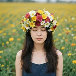 woman standing in a flower field, head of flowers