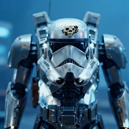 a macro closeup film still photo of the chrome stormtrooper terminator skull cylon warror in a massive mass effect halo robot factory at night,blue haze, volume metric lighting, retracing, unreal, concept art cyperpunk video game poster design with intricate details :: action, gears of war, smoke, post apocalyptic, deathstar, Battlestar Galactica, neon lighting, lens flare, rich vibrant colors, High contrast, blizzard concept artist, acrion, Ralph McQuarrie, Roger Deakins, syd mead