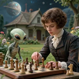 detailed, sharp, a girl with short hair, playing chess with her pet human alien, wearing 1860s era clothes, in the garden of a house on an alien planet, extremely highly detailed, hyperrealistic, highly detailed faces, 70 mm film still from a period sci fi movie, 4k