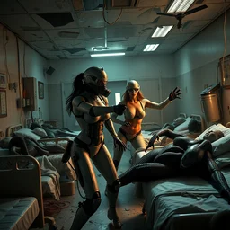 big budget science fiction movie set in a trashed war torn hospital high energy fight scene between sexy female cyborg doctors in rubber and gas mask against bizarre disturbing alien life forms on hospital beds dramatic lighting chiaroscuro