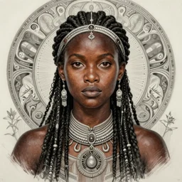 black african emma watson as shaman, portrait, symmetric, intricate, highly detailed, digital painting, artstation, concept art, sharp focus, illustration, aleksi briclot, rutkowski, mucha