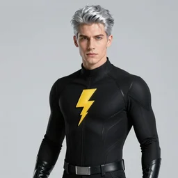 action photo superhero black uniform with a lightning emblem on his chest, silver hair lightning, silver armbands and shin guards, flying, lightning, epic, highly detailed, well composed, clyde caldwell