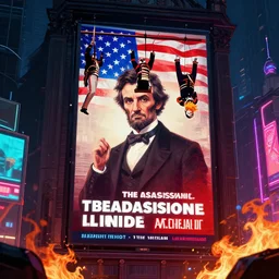 the assassination of abraham lincoln in time square in propaganda billboards american flags burning cyberpunk digital art city neon 4 k british colonial soldiers hanging by the gallows