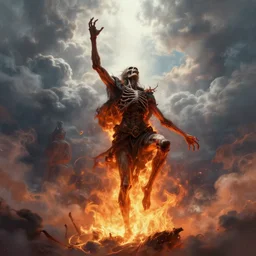 undead in burning hell trying to reach for heaven above. artstation. highly detailed painting. realistic. cinematic. volumetric lighting. octane render.