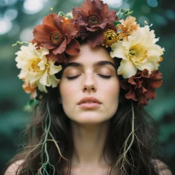An analog head and shoulder face photography of a woman surrounded by big flowers, vines and roots by Lily Cole. closed eyes. Kodak Portra 800 film. Depth of field. whirl bokeh. Sunshine. detailed. hq. realistic. warm light. muted colors. Moody. Filmic. Dreamy. lens flare. Leica M9, f/1.2, symmetrical balance, in-frame
